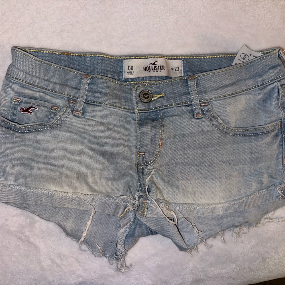Hollister Light Blue Jean Shorts with Distressing and Frayed Hem